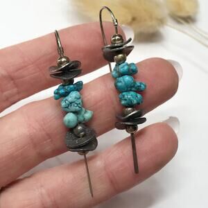 Vintage 2.12in 925 Sterling Silver Earrings Southwestern Turquoise Chunk Earring